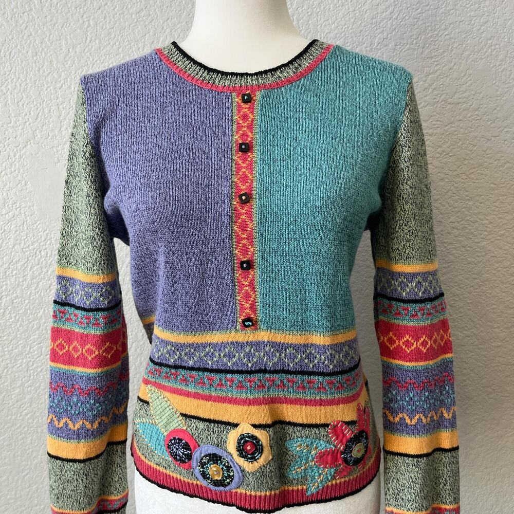 VTG 90s Koret Petites Patchwork Floral Knit Sweater